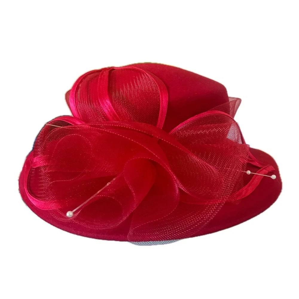 Vintage 60s Red Wool Pillbox-Style Hat Rose Fascinator Trim Fall Winter Chic